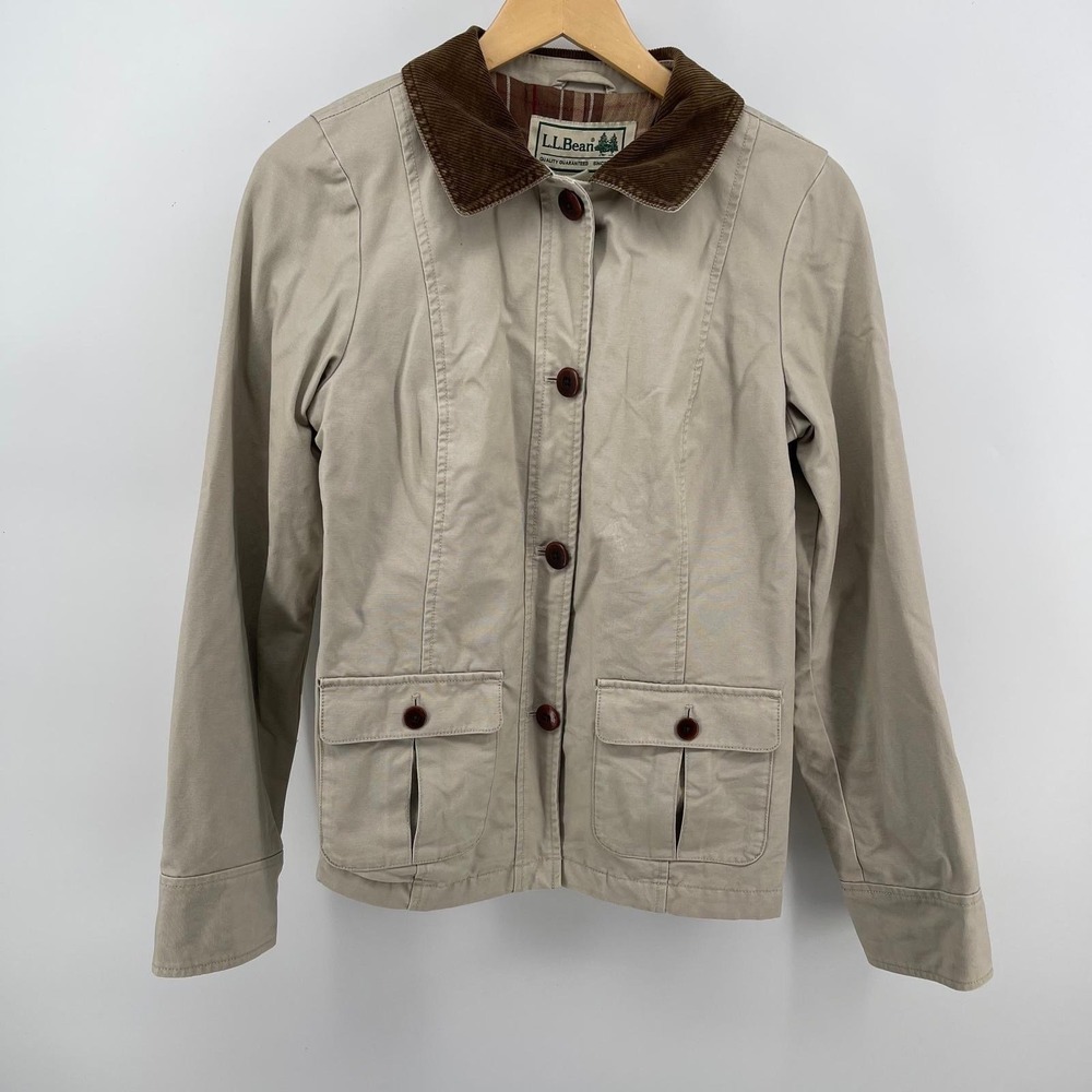 LL Bean Vintage Y2K Field Jacket Tan Cotton Corduroy Collar Plaid Lined Womens M